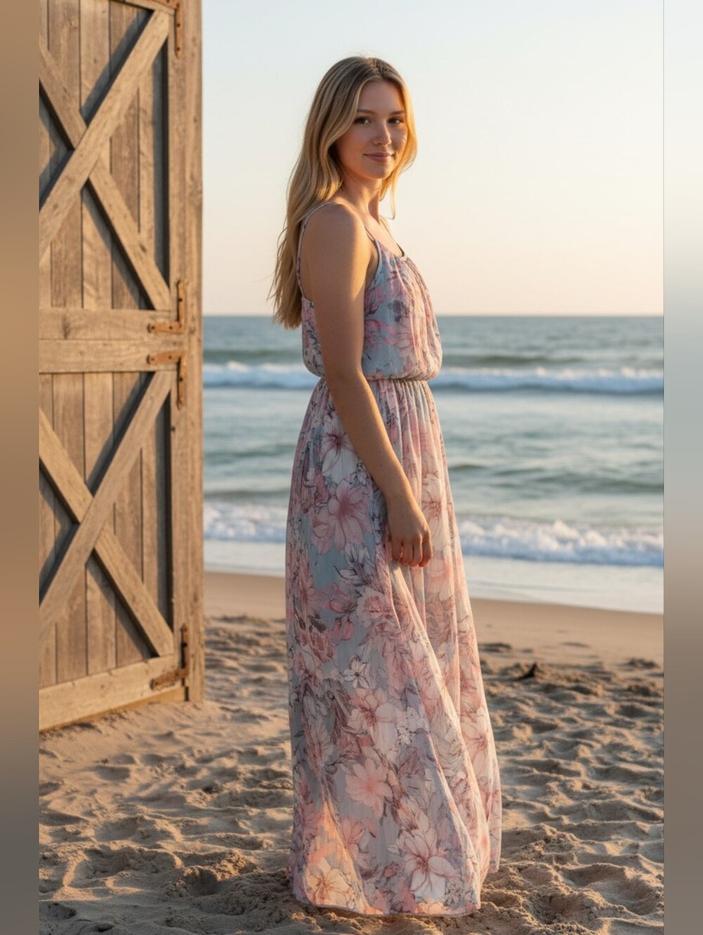 Pinkblush Floral Pink and Light Blue Pleated Maxi Dress